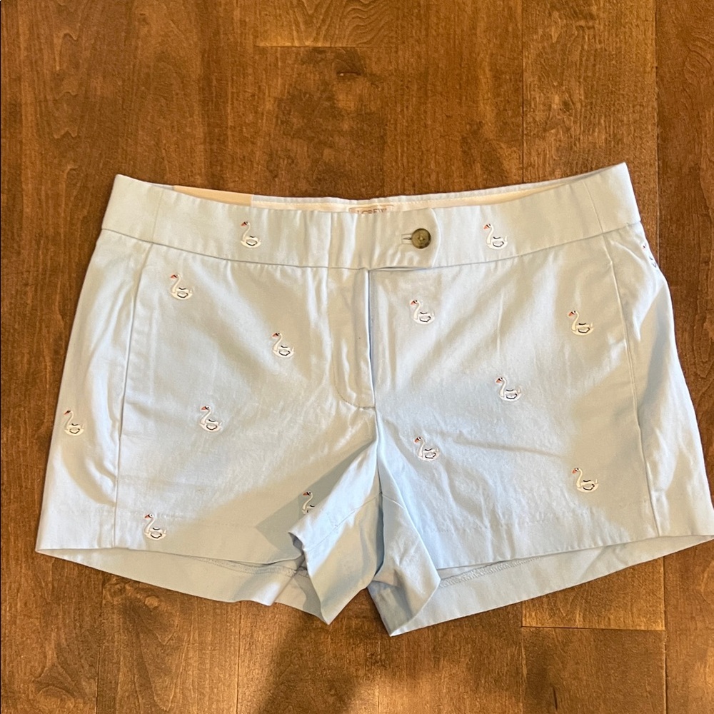 Light Blue Embroidered with  White Swans Women Shorts